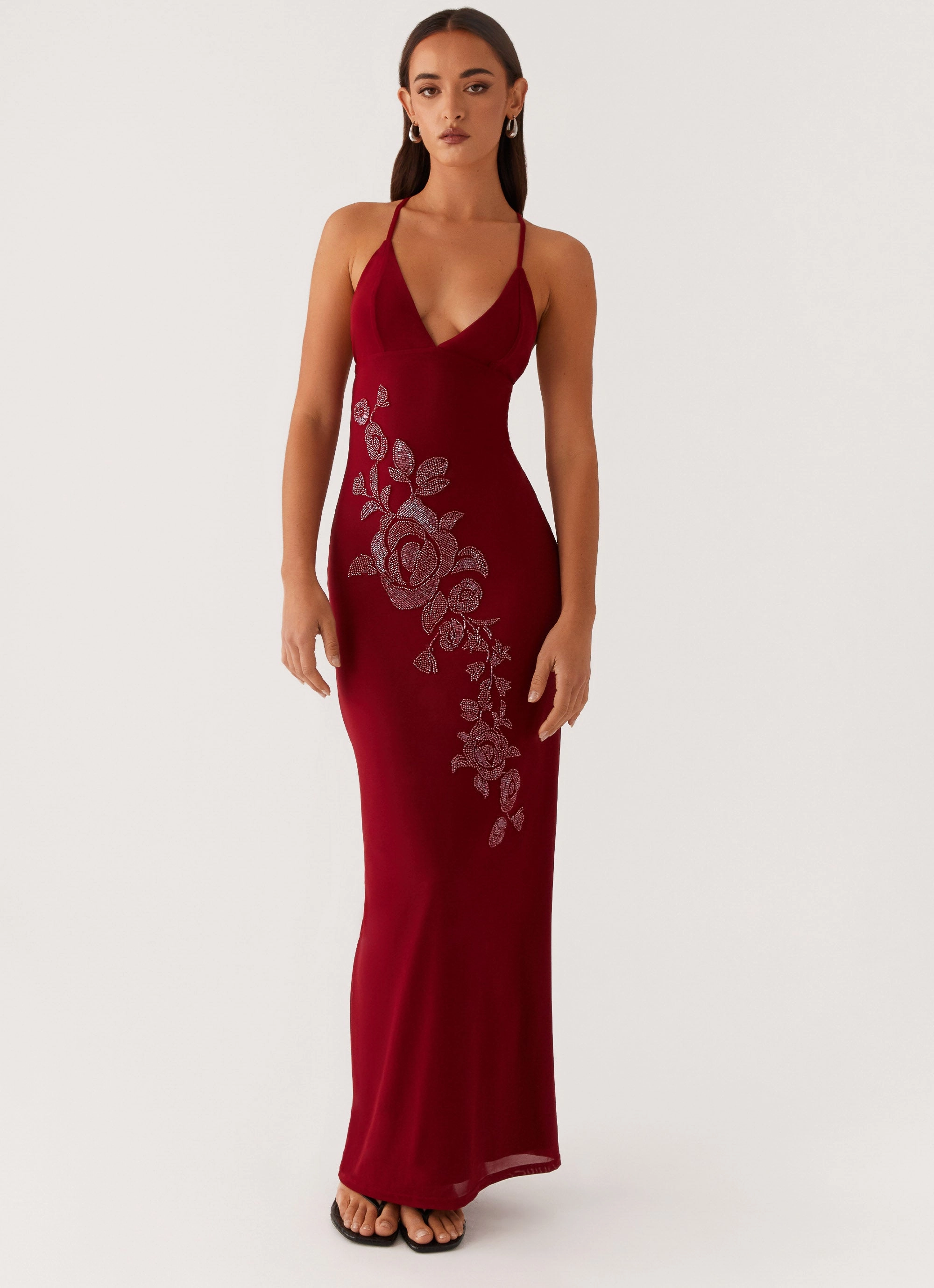 Beki Beaded Mesh Maxi Dress - Deep Red Influencer-Approved