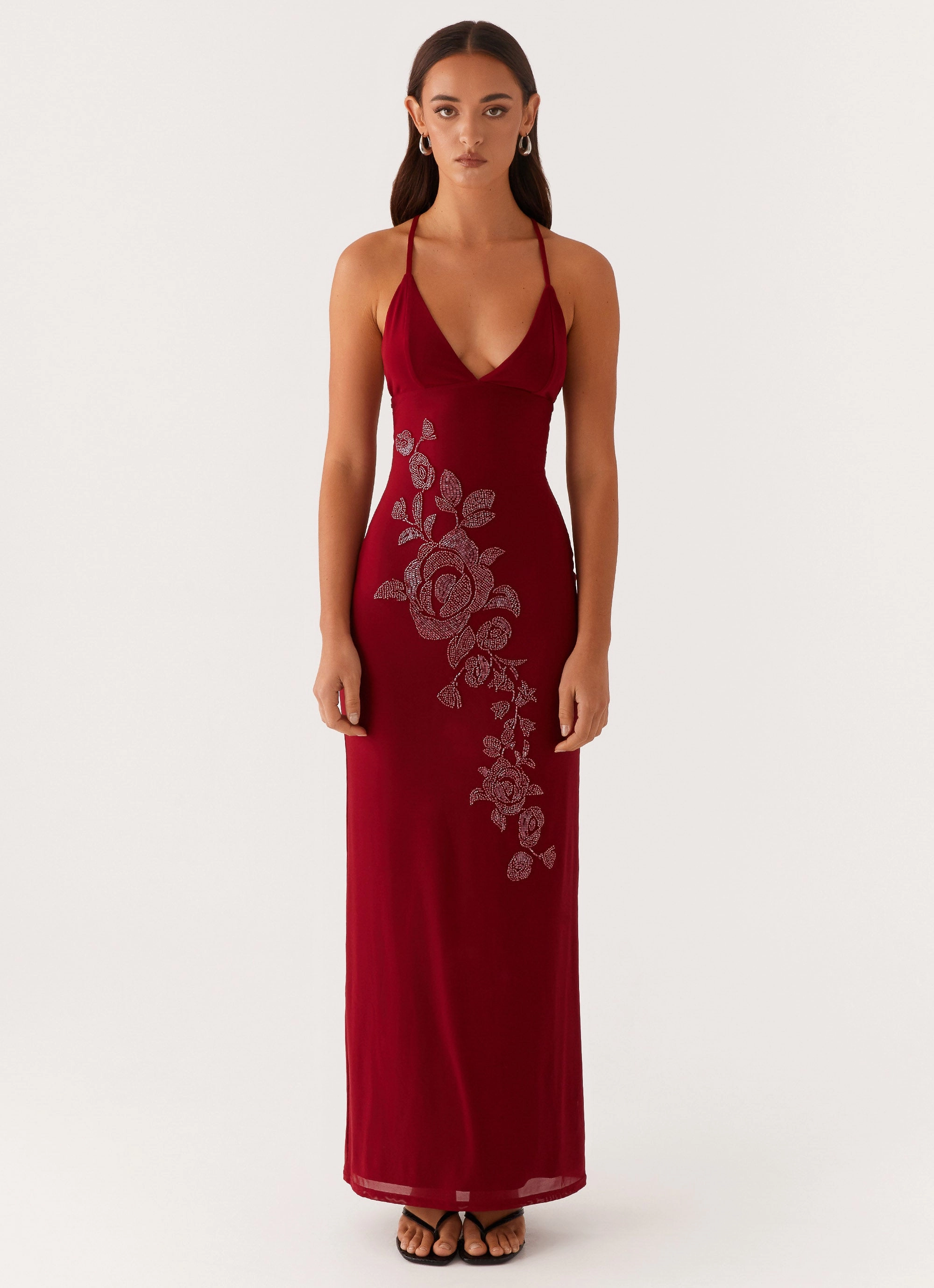 Beki Beaded Mesh Maxi Dress - Deep Red Shiny-Lining