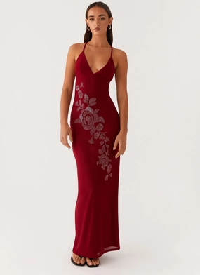 Beki Beaded Mesh Maxi Dress - Deep Red Influencer-Approved