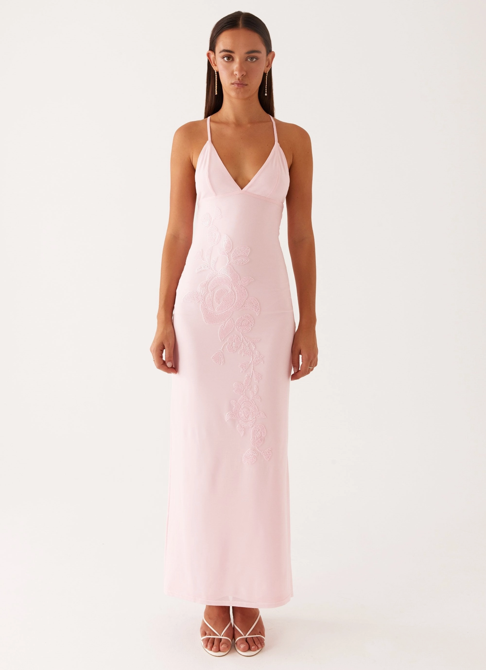 Effortless Waist Design Beki Beaded Mesh Maxi Dress - Pink