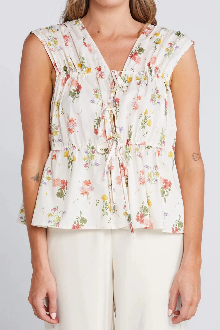 Belle Summer Haven Cream Floral Reversible Sleeveless Tie Top Hypoallergenic Fiber