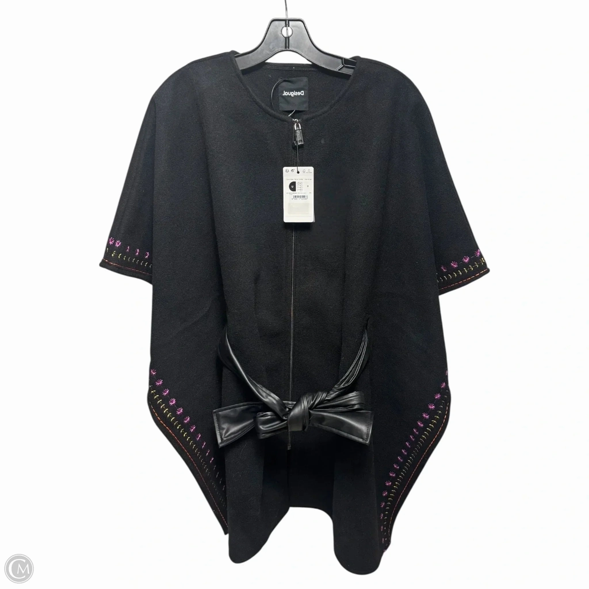 Belted Embroidered Poncho By Desigual In Black, Size: Osfm Modern Travel Look