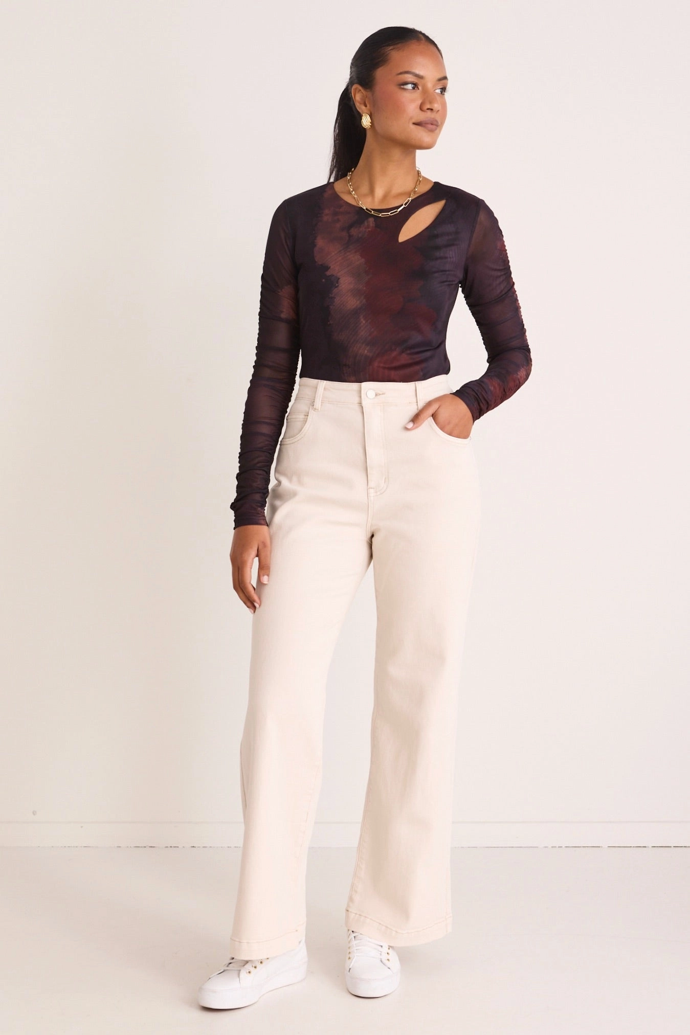 Benefit Chocolate Smoke Gathered Sleeve Mesh LS Top TactileWeave