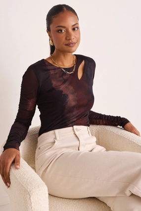 Relaxed Sweatshirt LightReflectiveTrim Benefit Chocolate Smoke Gathered Sleeve Mesh LS Top