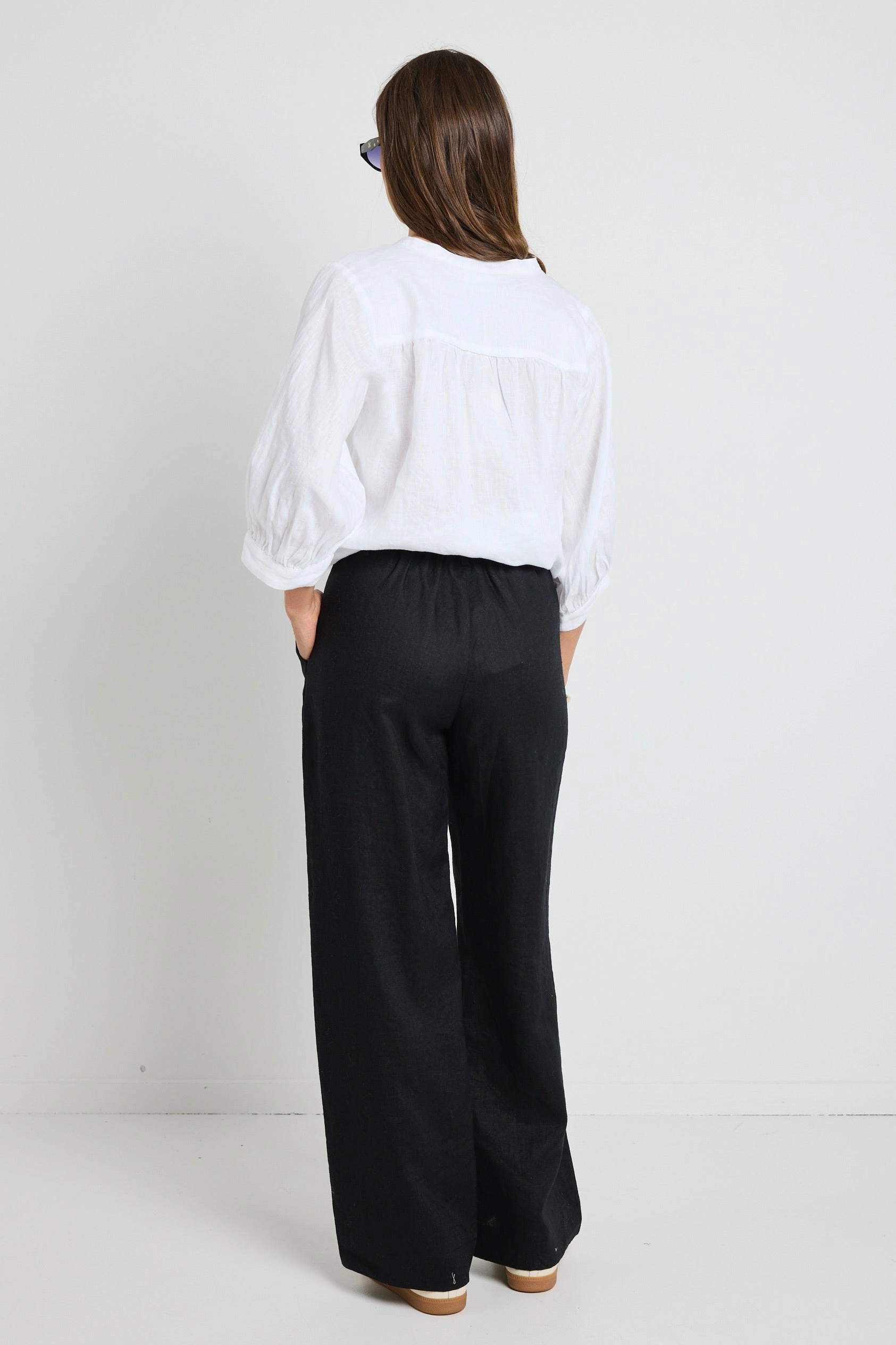 Bestow Black Linen Elastic Back Wide Leg Pants Tapered leg Hygienic Inner Layer