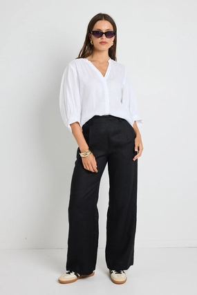 Quick Wear Fit Bestow Black Linen Elastic Back Wide Leg Pants