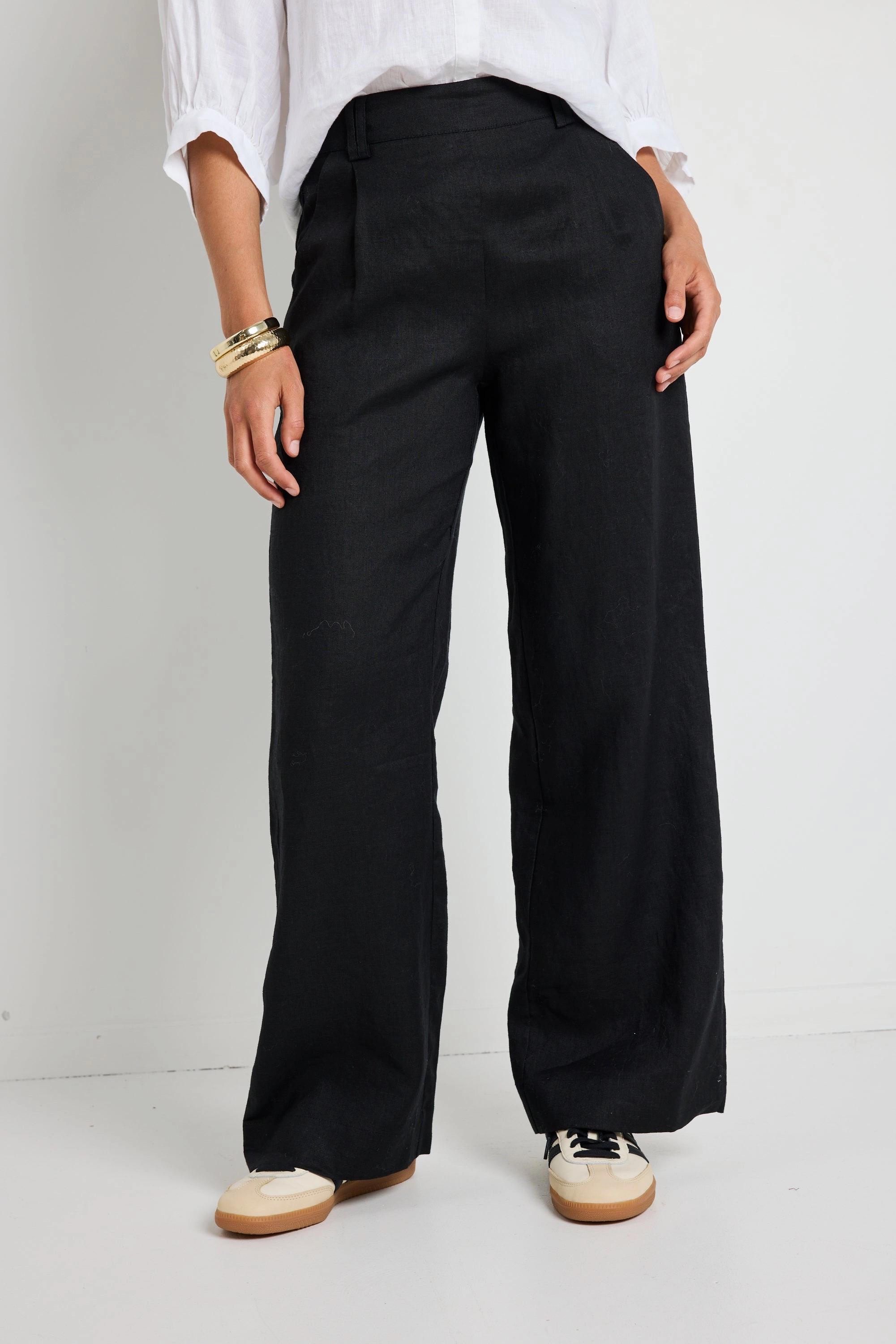 Day Wear Bestow Black Linen Elastic Back Wide Leg Pants