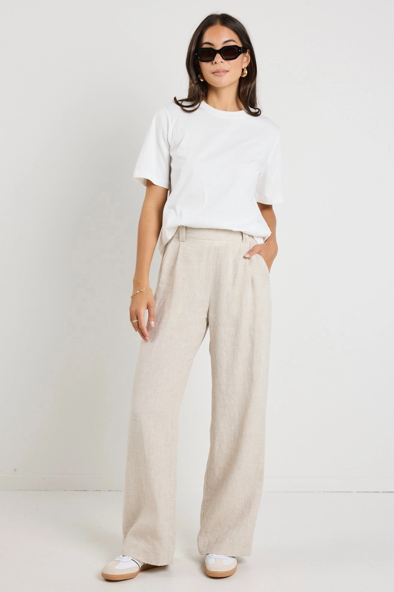 Bestow Natural Linen Elastic Back Wide Leg Pants AdjustableTabs