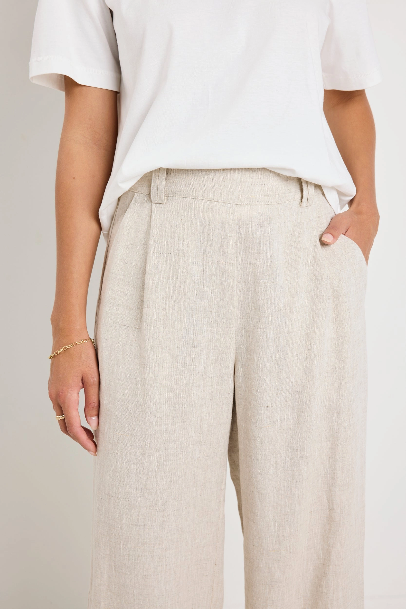 Unrestricted Movement Bestow Natural Linen Elastic Back Wide Leg Pants