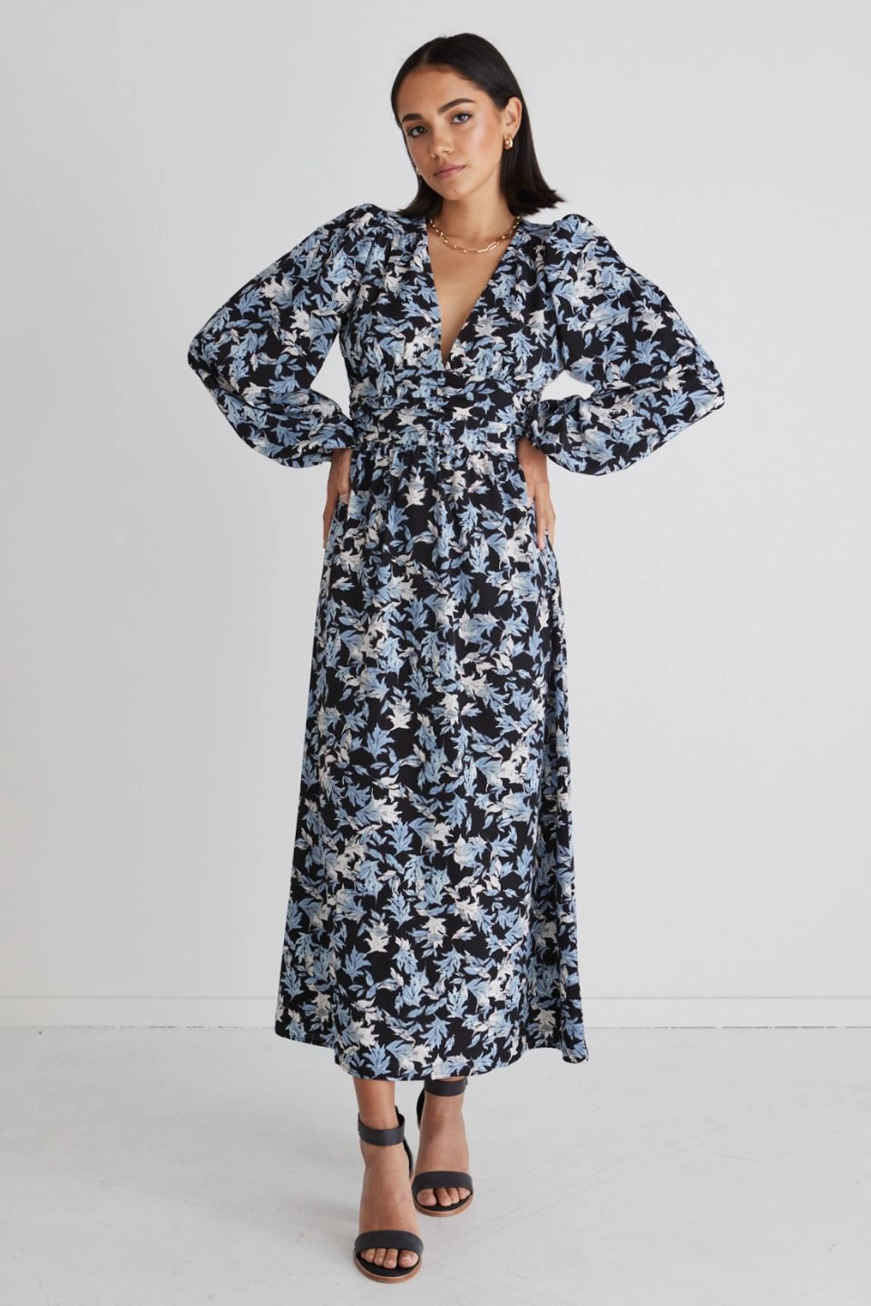 Better Than Ever Large Blue Floral Puff Sleeve Tiered Maxi Dress soft elegance Chic And Comfortable