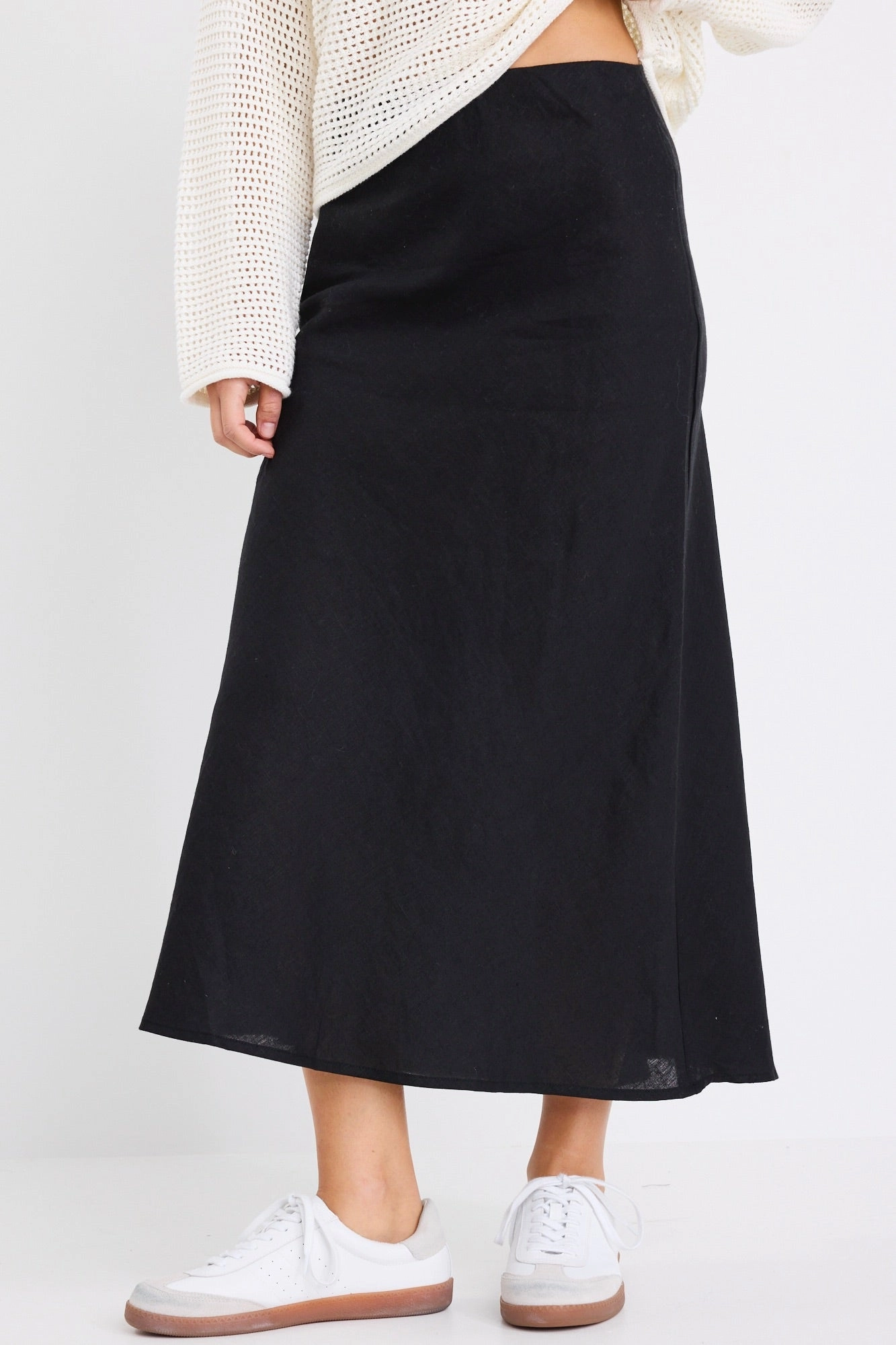 A line Bliss Black Linen Bias Midi Skirt