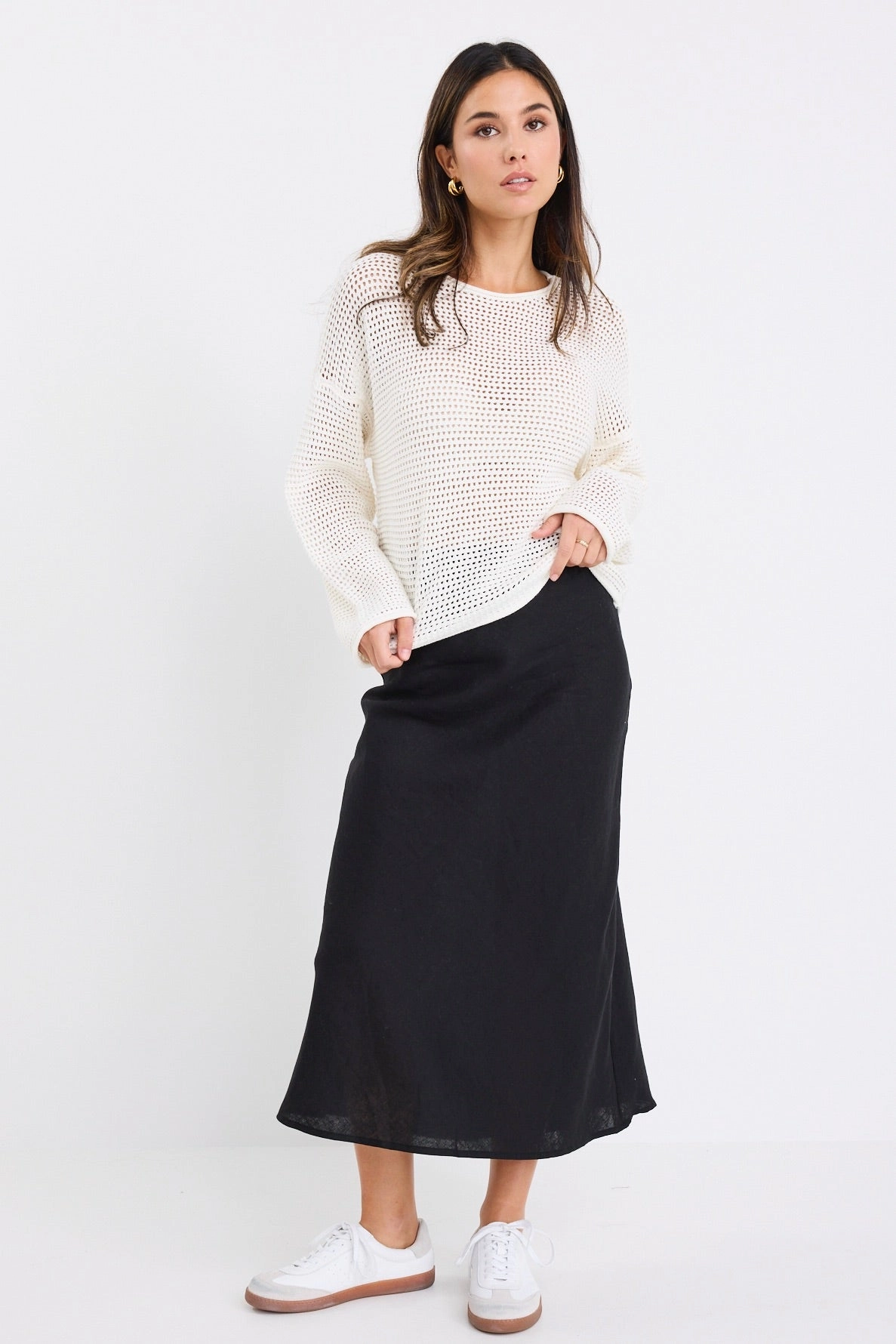 Local Artisan Bliss Black Linen Bias Midi Skirt