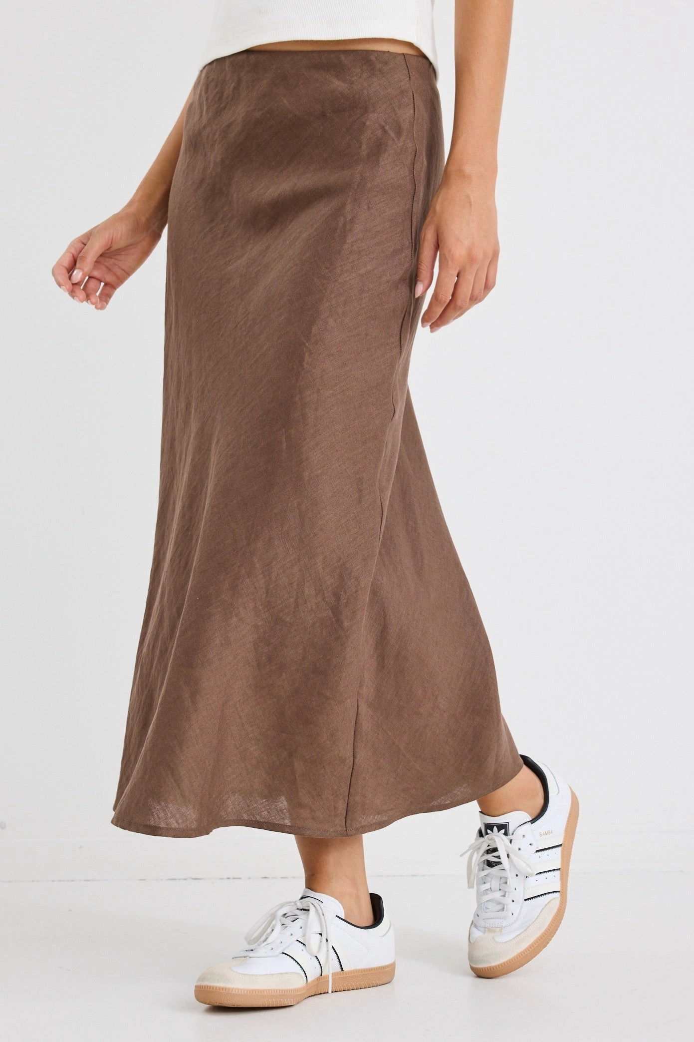 Leather Look Bliss Chocolate Linen Bias Midi Skirt