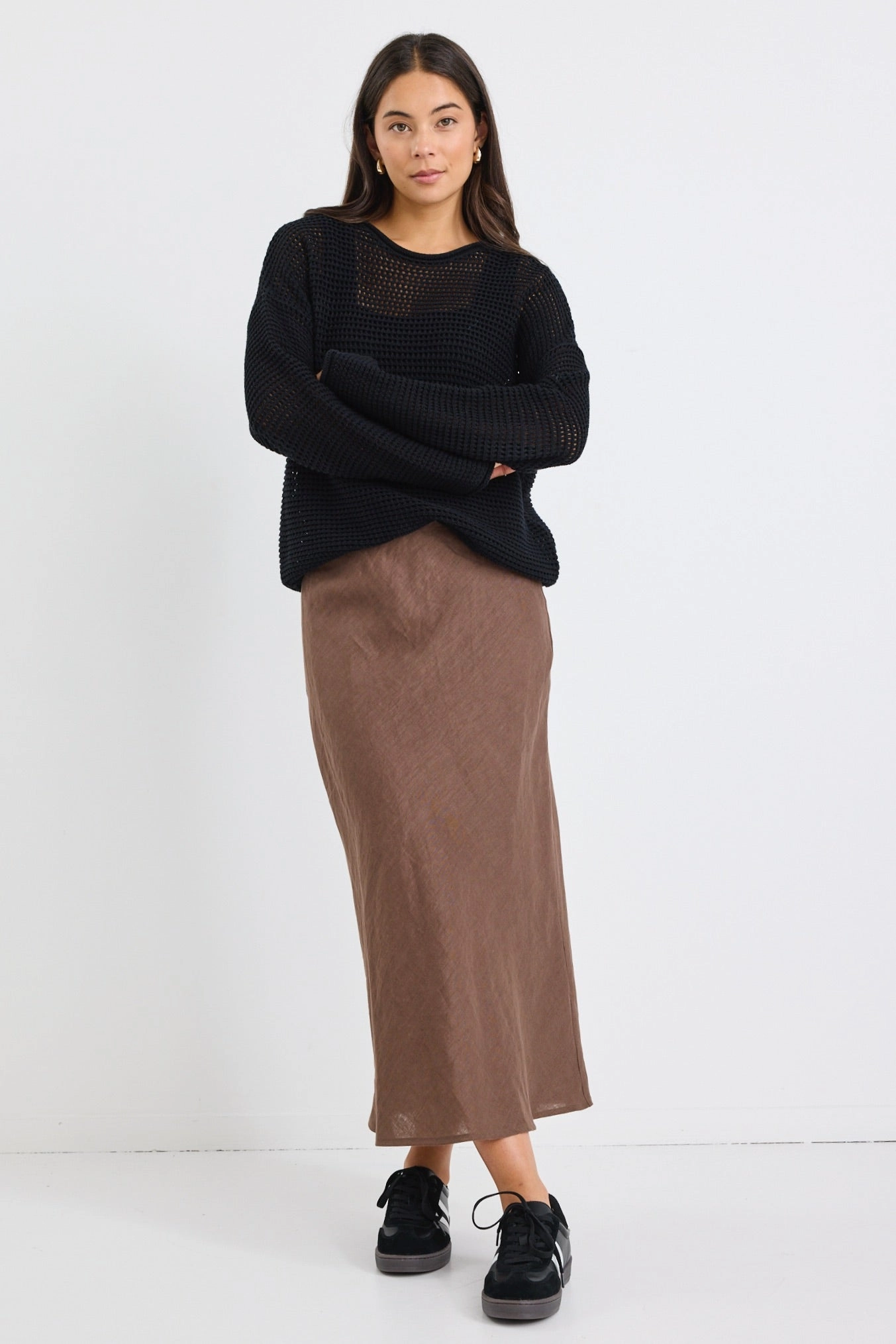 Bamboo Fiber Bliss Chocolate Linen Bias Midi Skirt