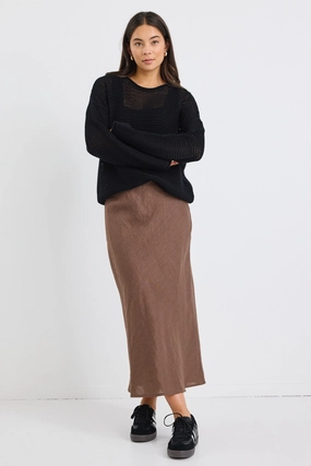 Bamboo Fiber Bliss Chocolate Linen Bias Midi Skirt