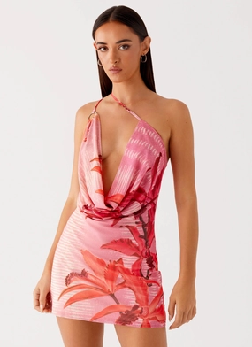 Sleek Comfort Work-to-Play Wear Bohemian Bliss Mesh Mini Dress - Tropical Pink Print