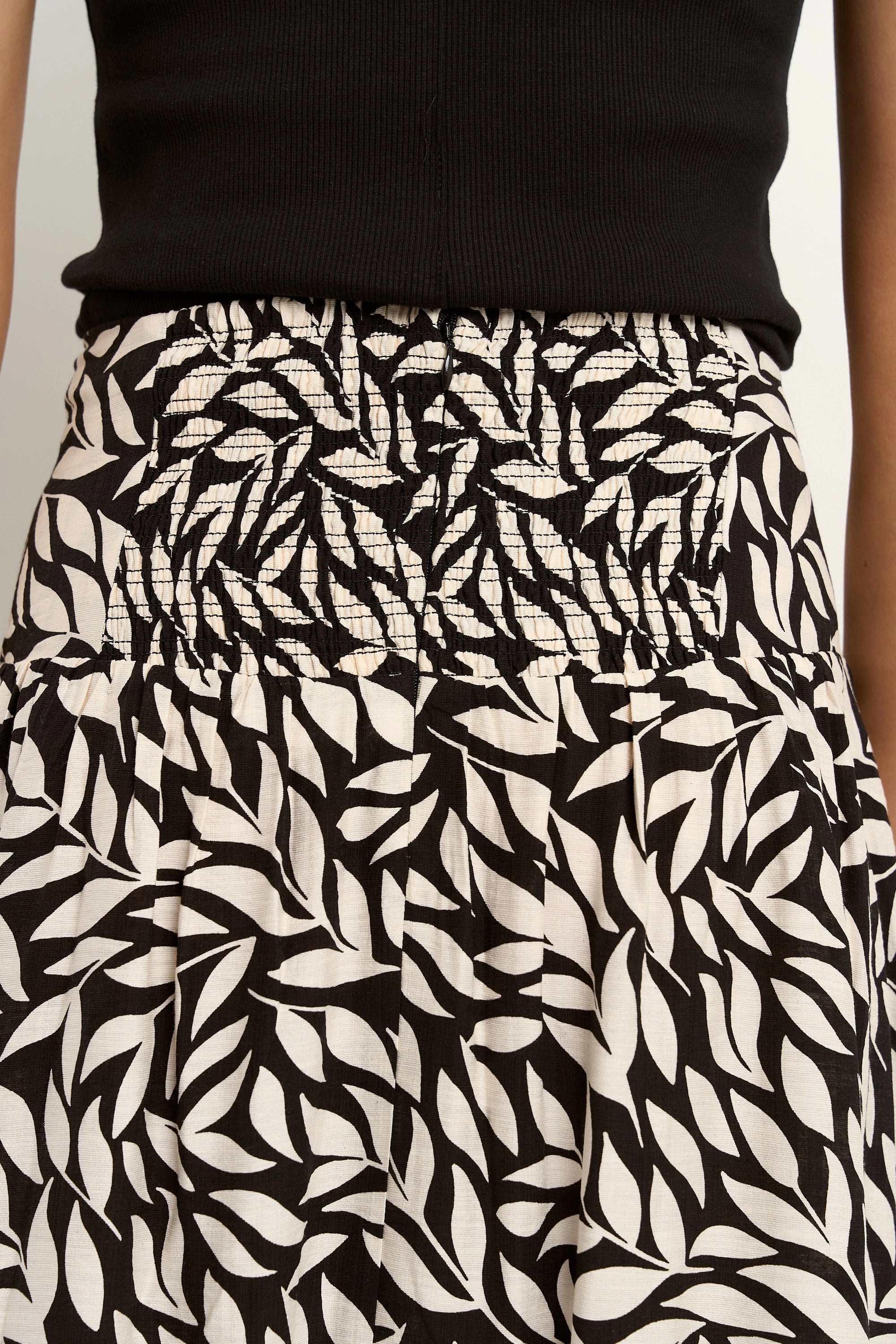 Goodness Black Leaves Shirred Back Tiered Maxi Skirt Linen blend