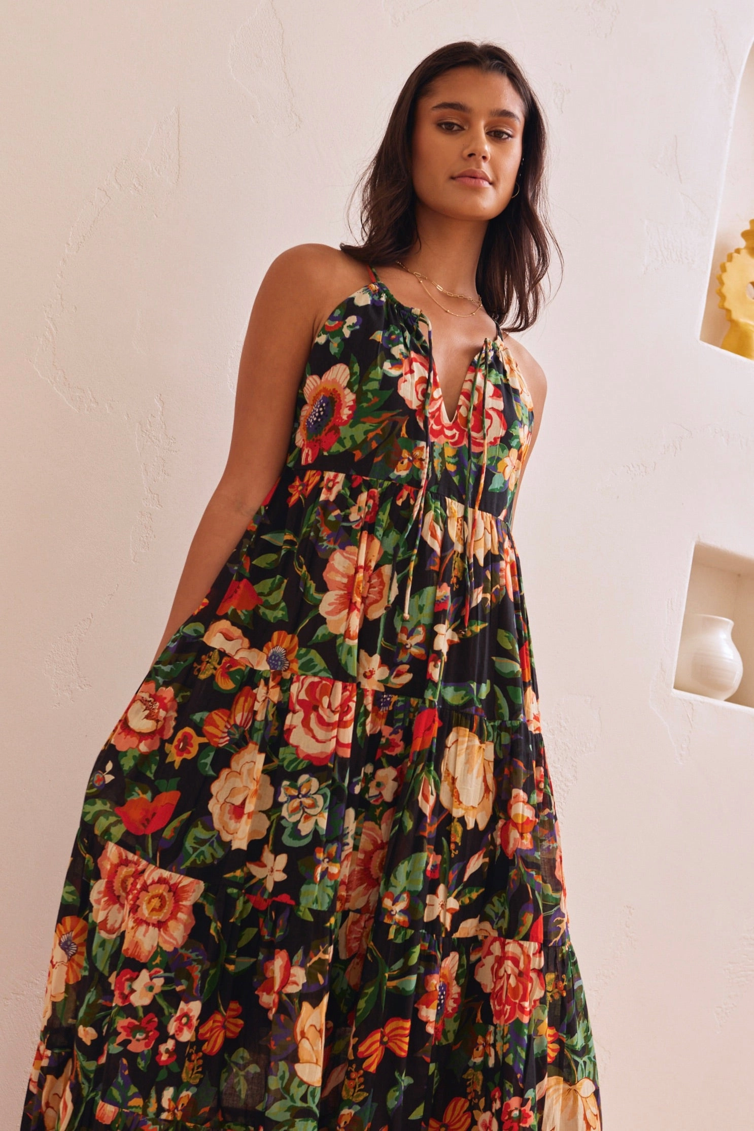Affair Black Floral Cotton Strappy Tiered Maxi Dress Effortless Tailoring