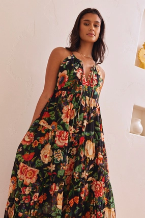 Affair Black Floral Cotton Strappy Tiered Maxi Dress Effortless Tailoring