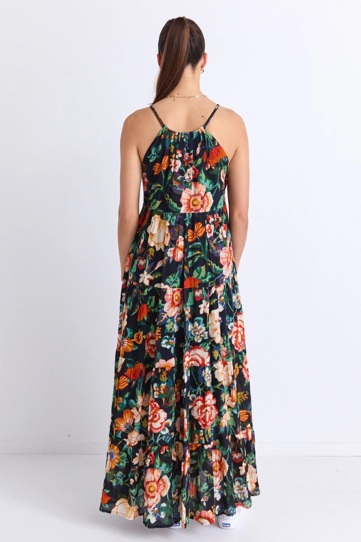 Gemstone-Detail Chic Statement Affair Black Floral Cotton Strappy Tiered Maxi Dress