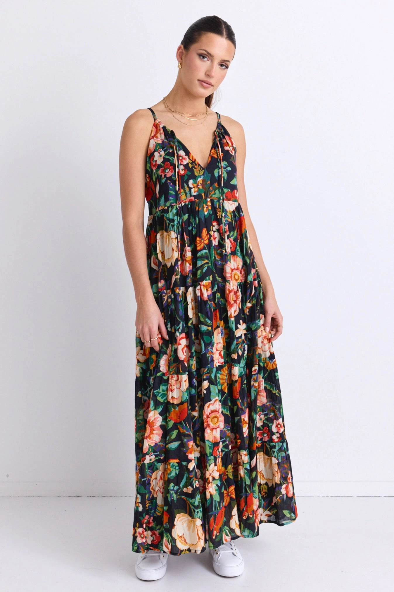 Affair Black Floral Cotton Strappy Tiered Maxi Dress Light Weight Festival Mood