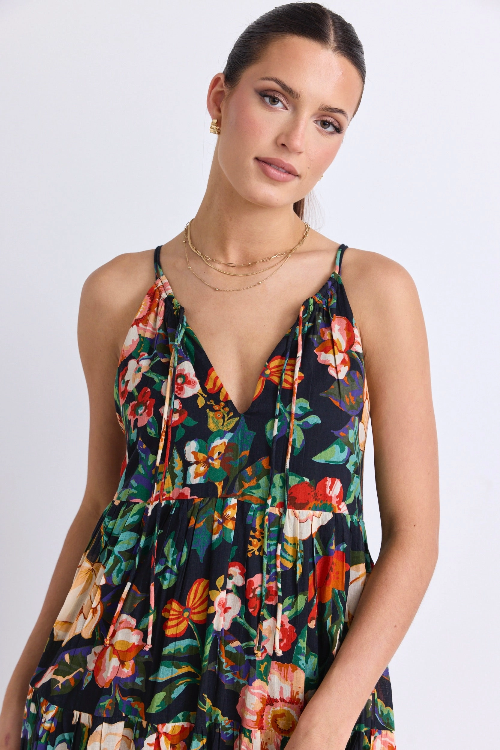 Flattering Comfort Wear Affair Black Floral Cotton Strappy Tiered Maxi Dress