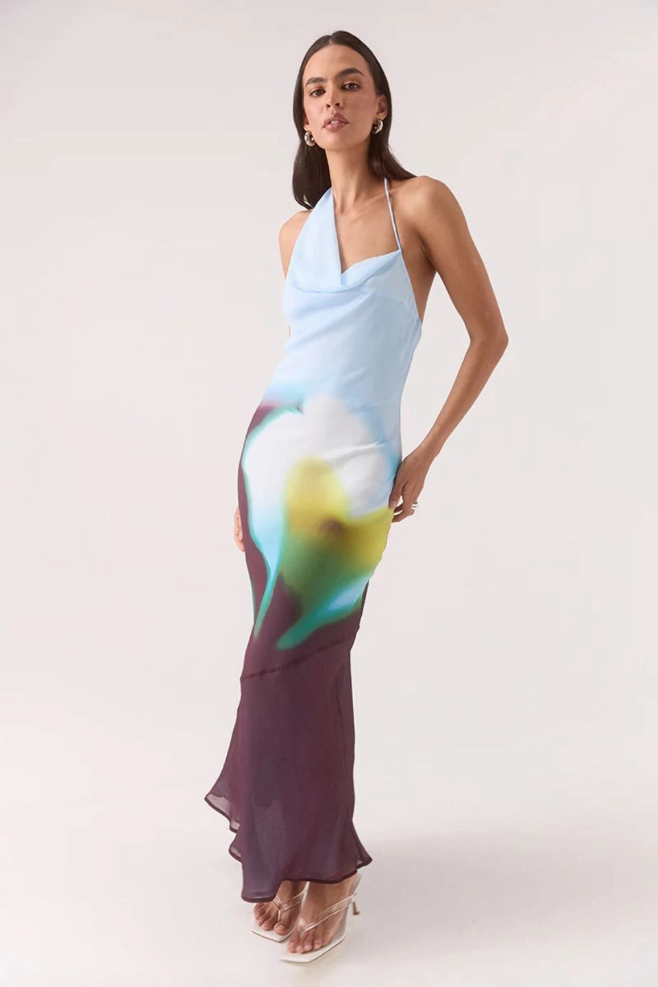 Chic Comfort Look Zinnia Azure Plum Print Asymmetric Halter Maxi Dress