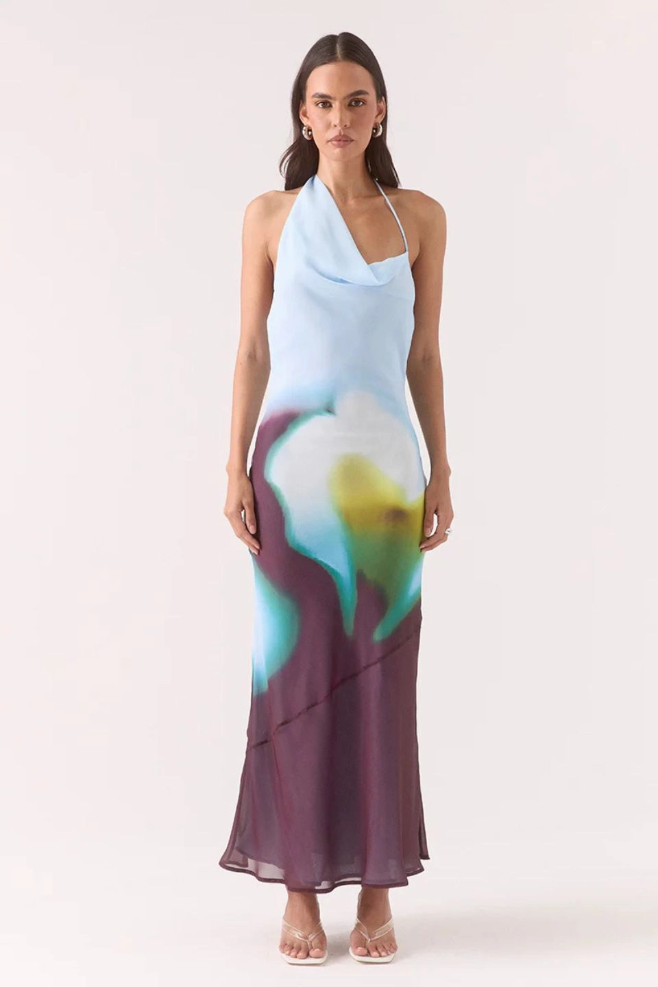 Polished Form Feather Light Zinnia Azure Plum Print Asymmetric Halter Maxi Dress