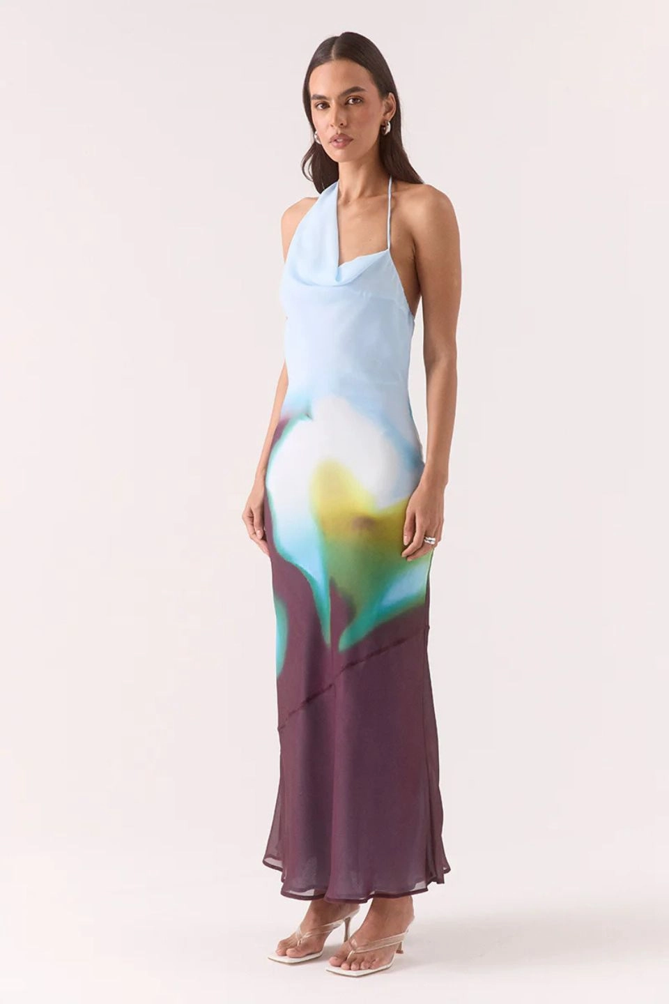 Air Layer Clean Comfort Zinnia Azure Plum Print Asymmetric Halter Maxi Dress