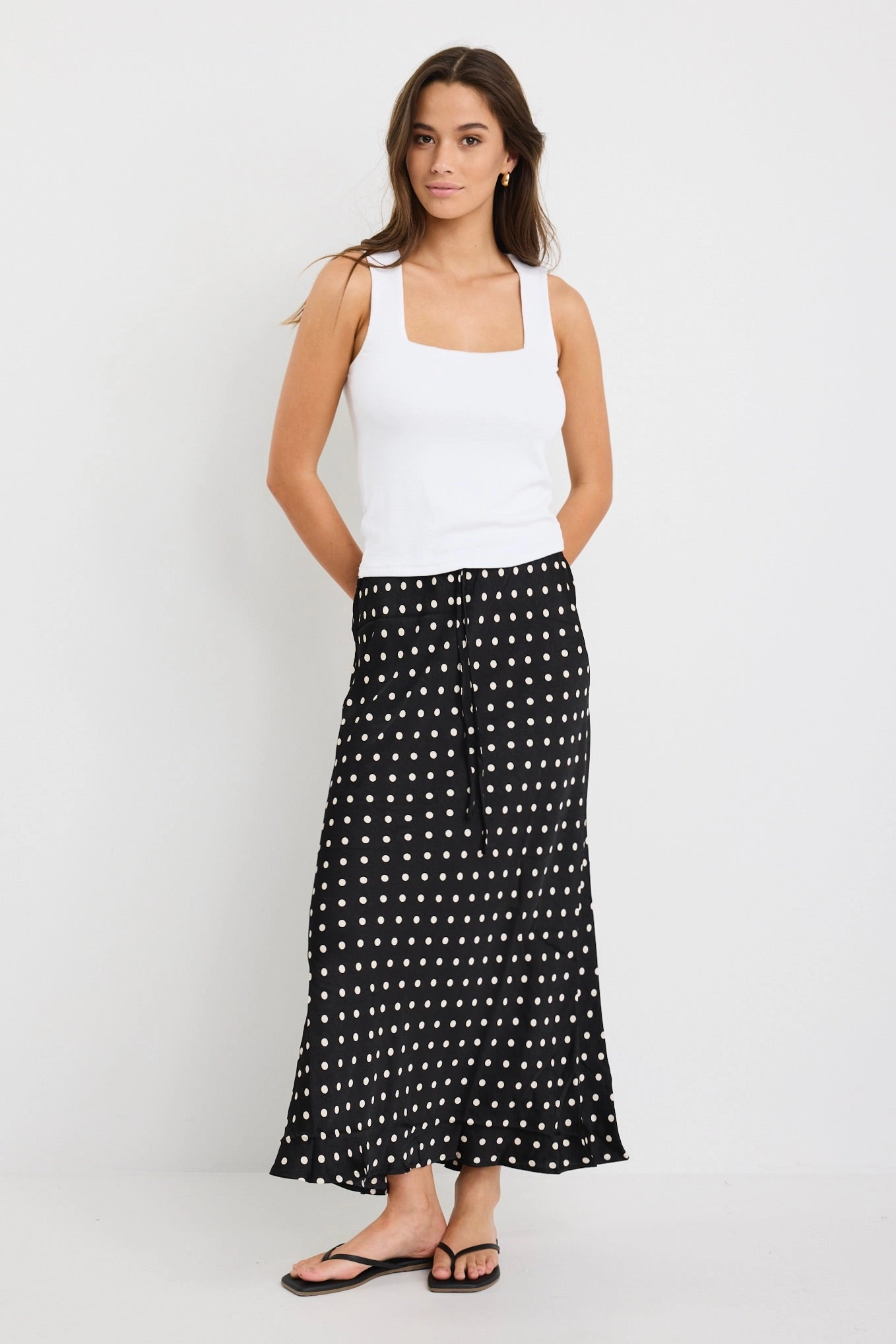 Subtle Detail Rarity Black White Polka Dot Satin Tie Waist Bias Maxi Skirt