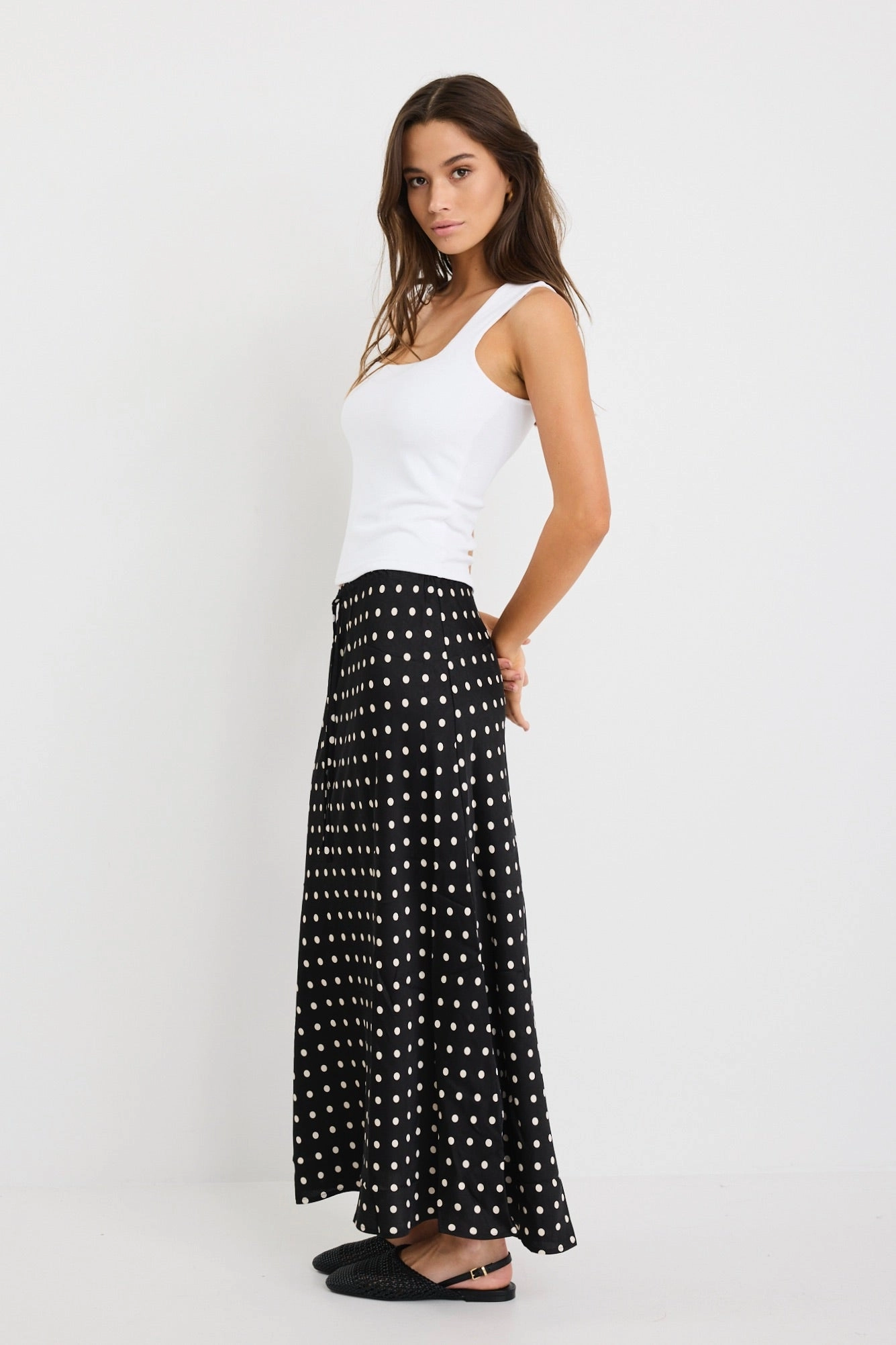 Rarity Black White Polka Dot Satin Tie Waist Bias Maxi Skirt A Line Cut