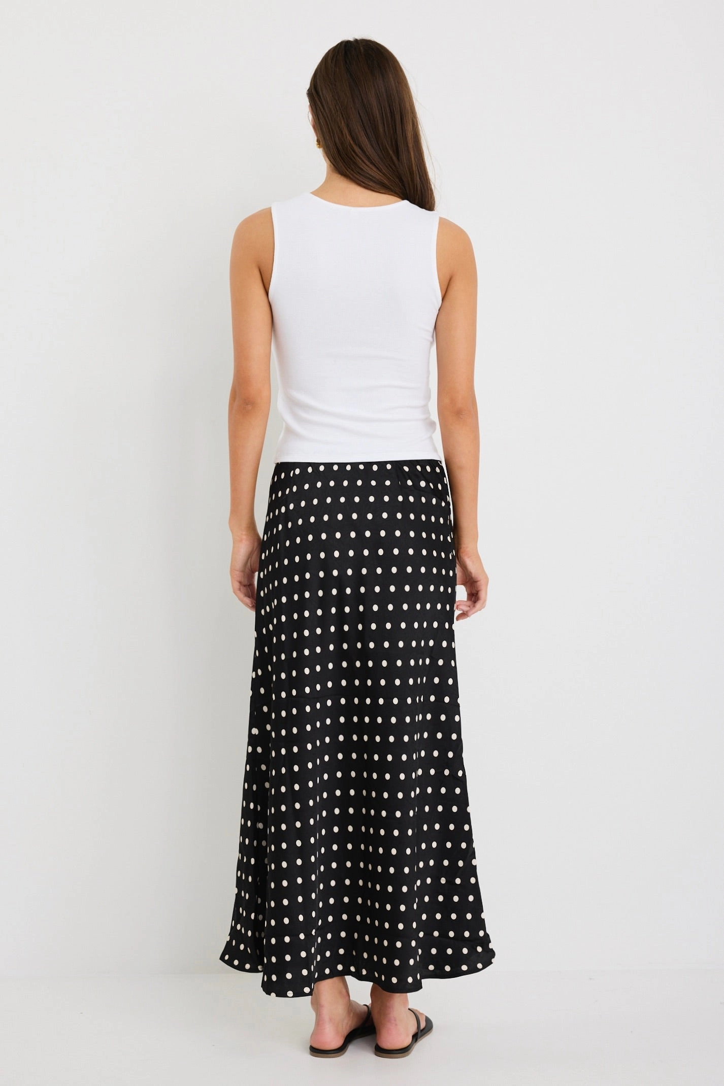 Floral Pattern Rarity Black White Polka Dot Satin Tie Waist Bias Maxi Skirt