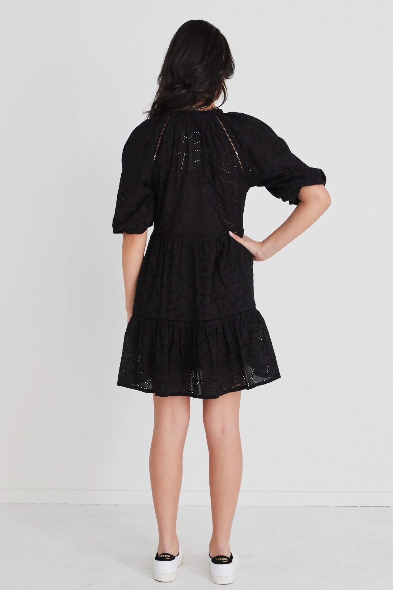 Must-have Smart Look Gemini Black Broiderie Balloon Sleeve Tiered Mini Dress