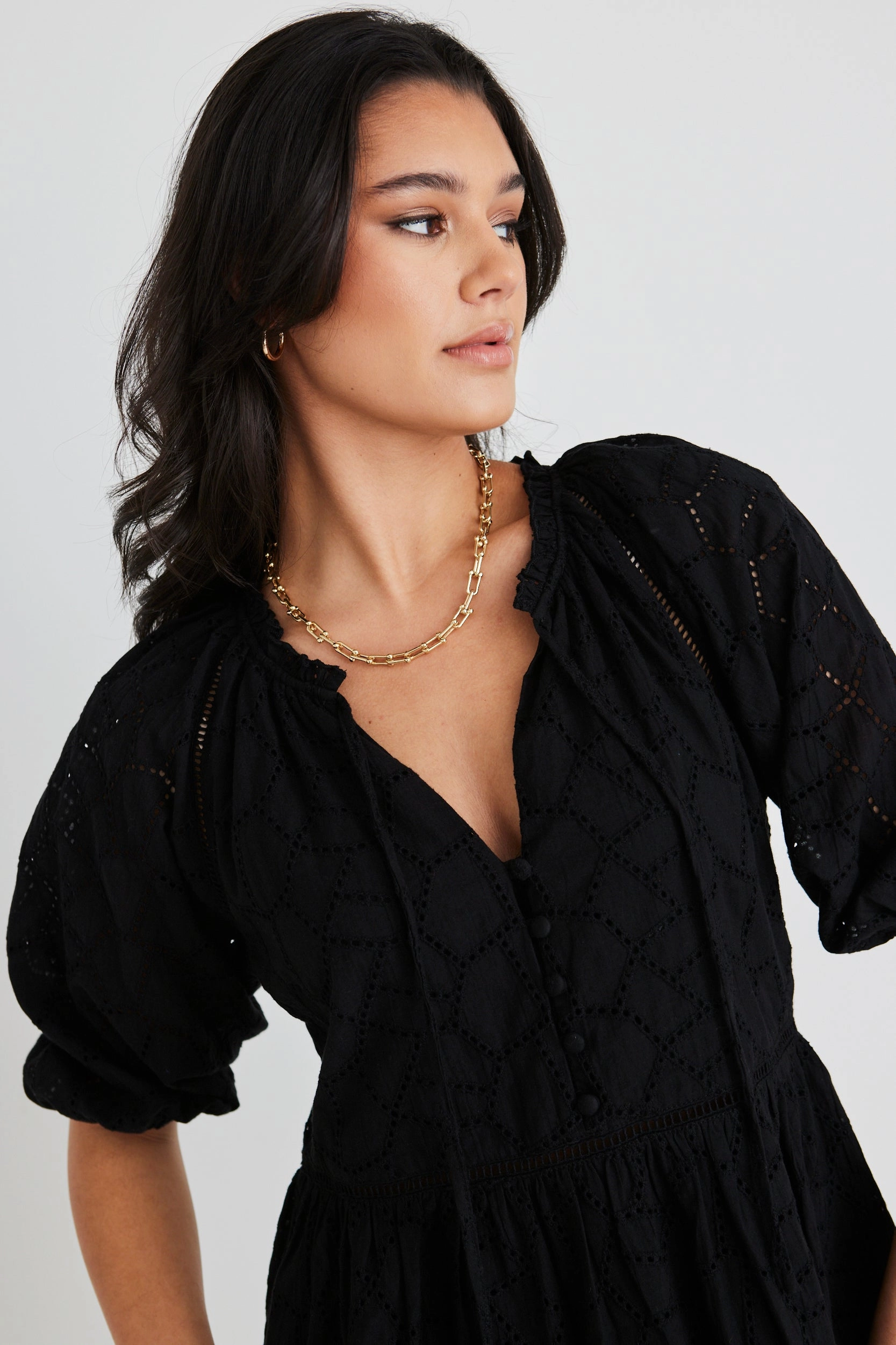 Daily Favorite Refined Simplicity Gemini Black Broiderie Balloon Sleeve Tiered Mini Dress