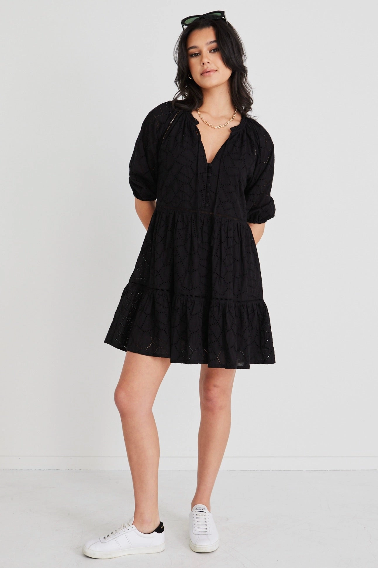 Flattering Fit Wear Gemini Black Broiderie Balloon Sleeve Tiered Mini Dress