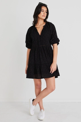 Smooth Mood Soft Drape Gemini Black Broiderie Balloon Sleeve Tiered Mini Dress