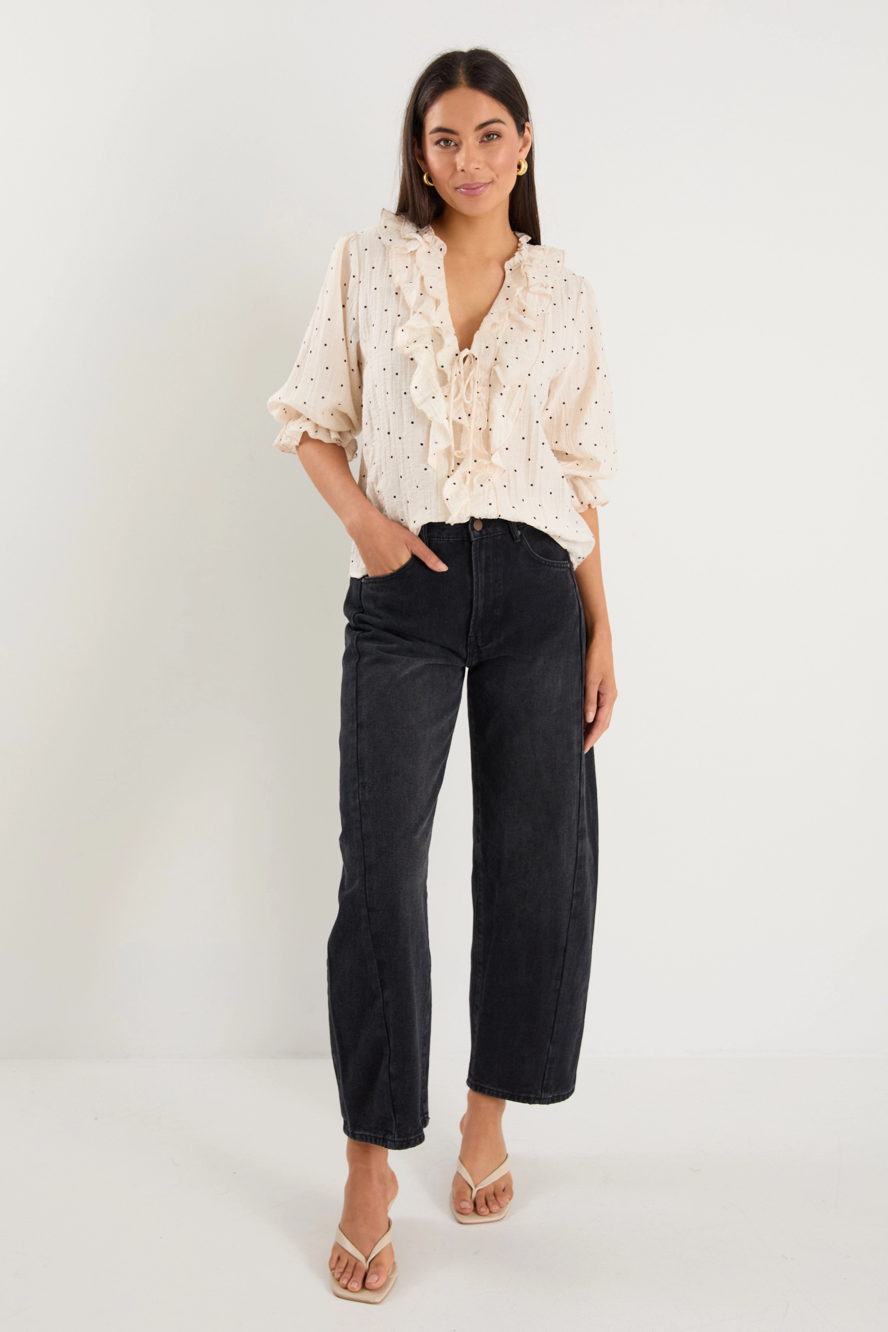 Garnish Cream Black Polka Dot Frill Front Mid Sleeve Top Adjustable Hem Toggles UltraSoftLining