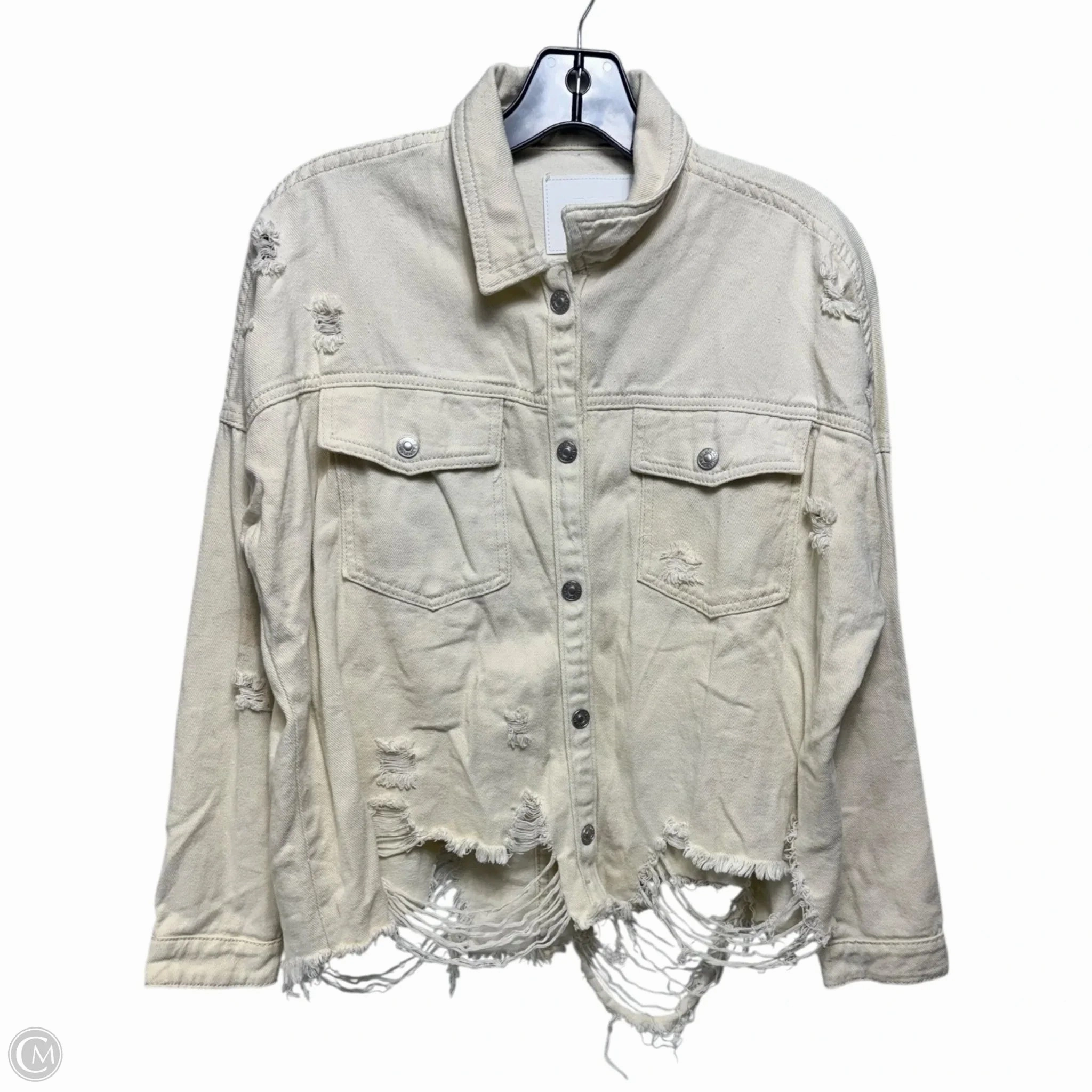 Boxy Destructed Denim Jacket By Boom Boom Jeans In Cream, Size: S Flexible Hood Design