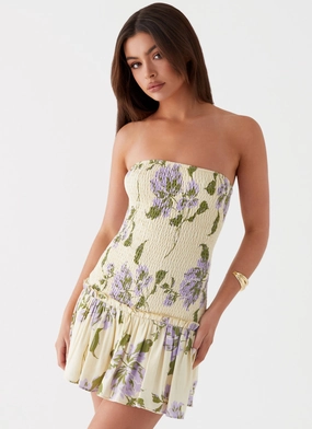 Smart Comfort Timeless fitted silhouette Break From Toronto Linen Mini Dress - Yellow Purple Floral