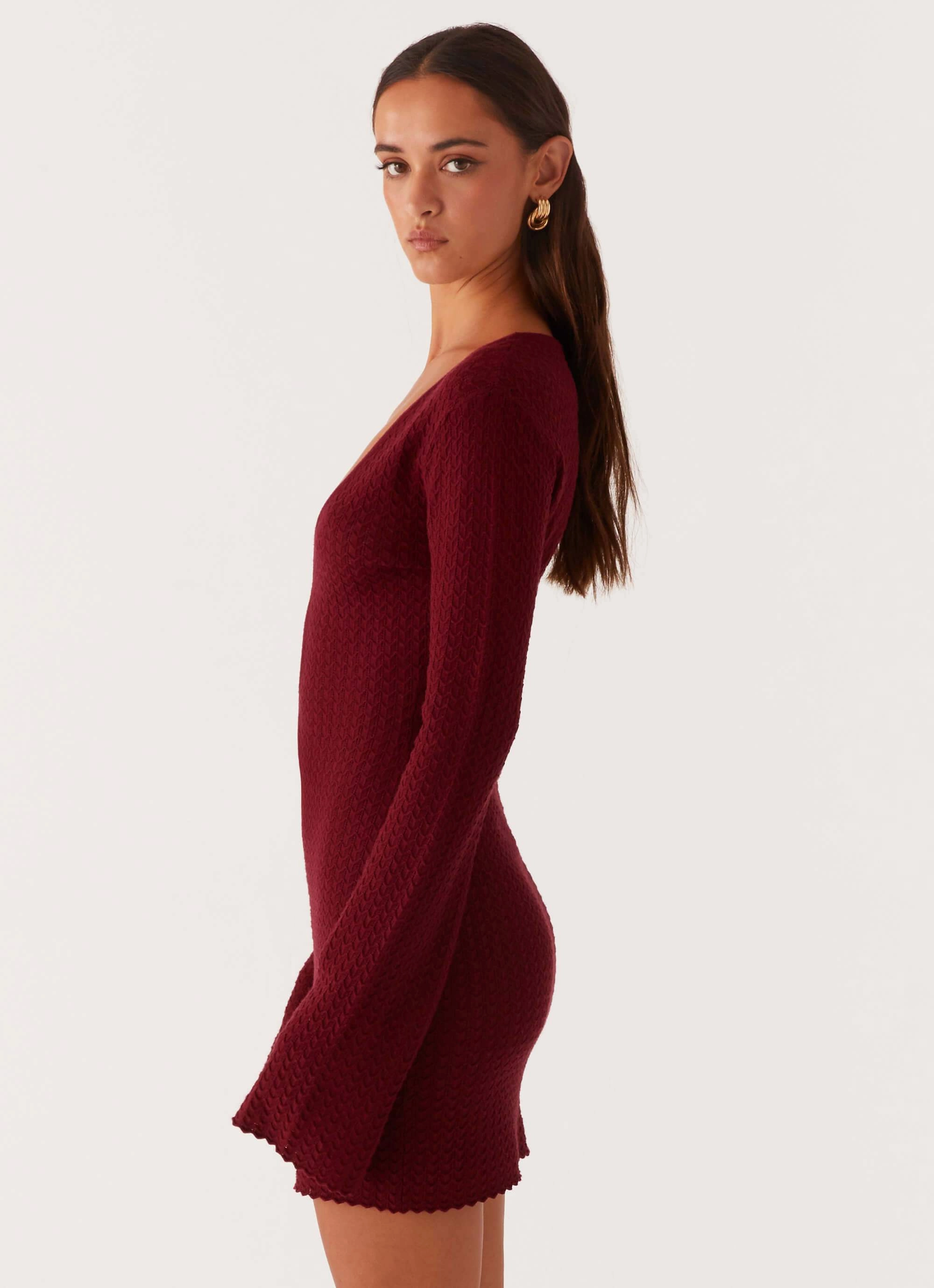 Easy Mood Statement-Buttons Lavelle Knit Mini Dress - Maroon