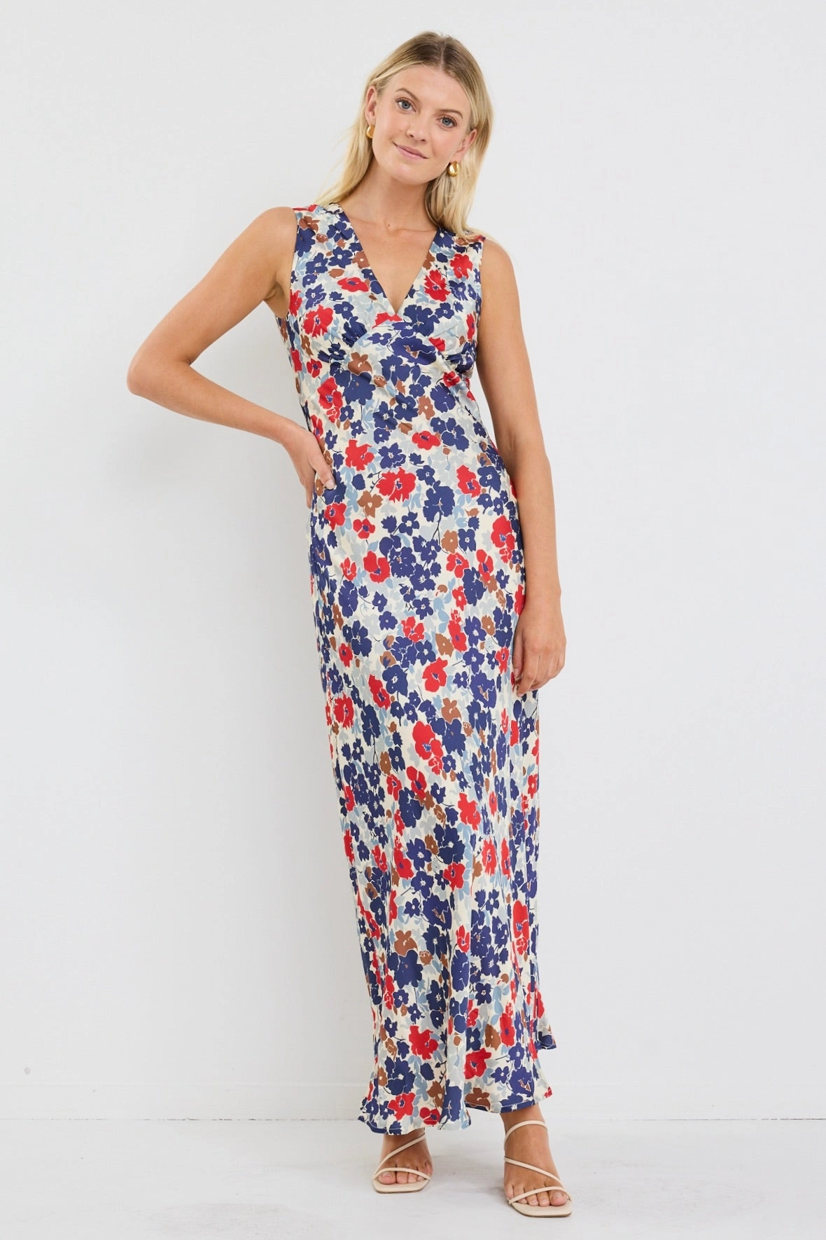 Aston Blue Red Poppy Satin Bias Flared Maxi Dress Office Classic