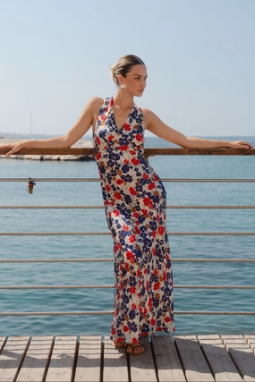 Aston Blue Red Poppy Satin Bias Flared Maxi Dress All Daywear Travel Edge