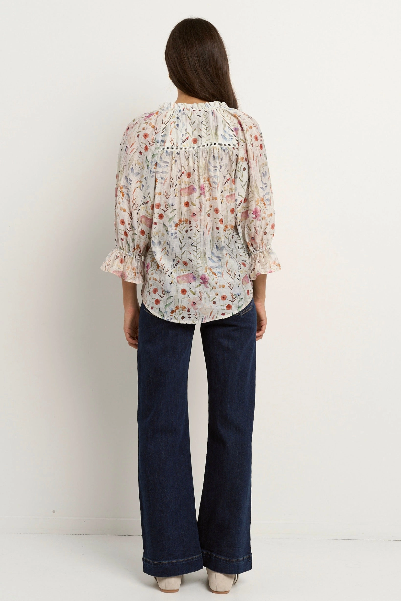 Encounter Cream Floral Gathered Button Front Top FourWayStretch