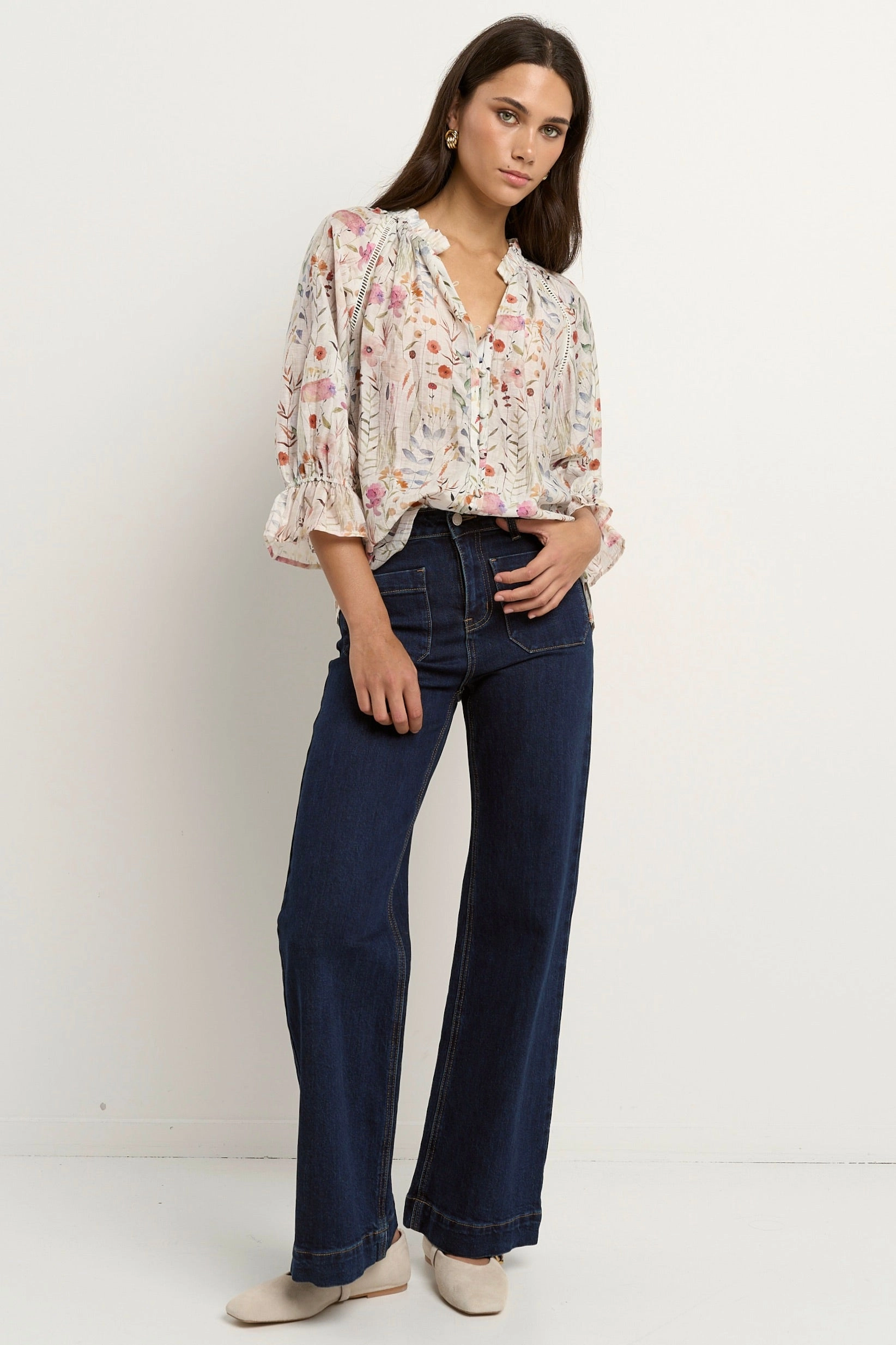 Encounter Cream Floral Gathered Button Front Top Layered Sleeve