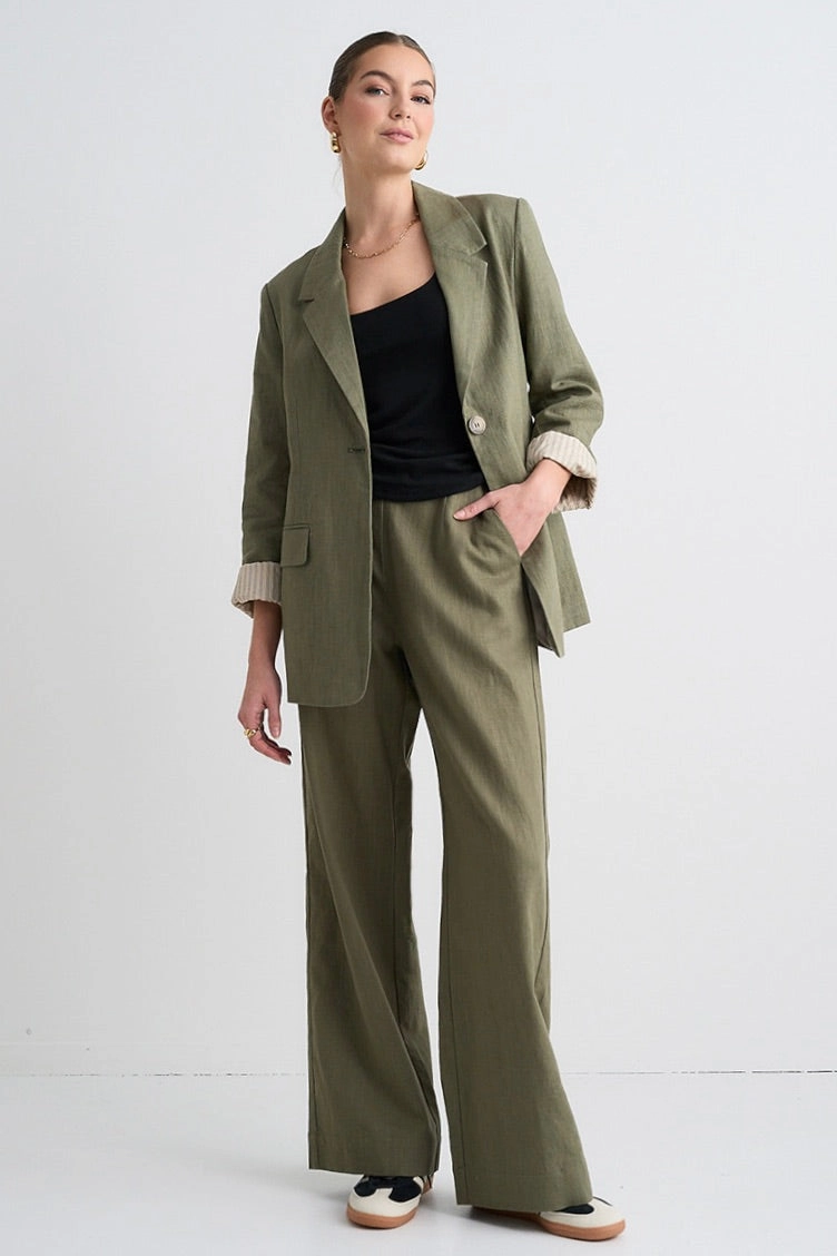 Stretchable Fabric Boardwalk Soft Khaki Ramie Extended Waist Pants