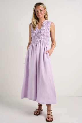 Vacation Outfit Cozy Wearable Explorer Lilac Sleeveless Split Neck Shirred Midi Dress