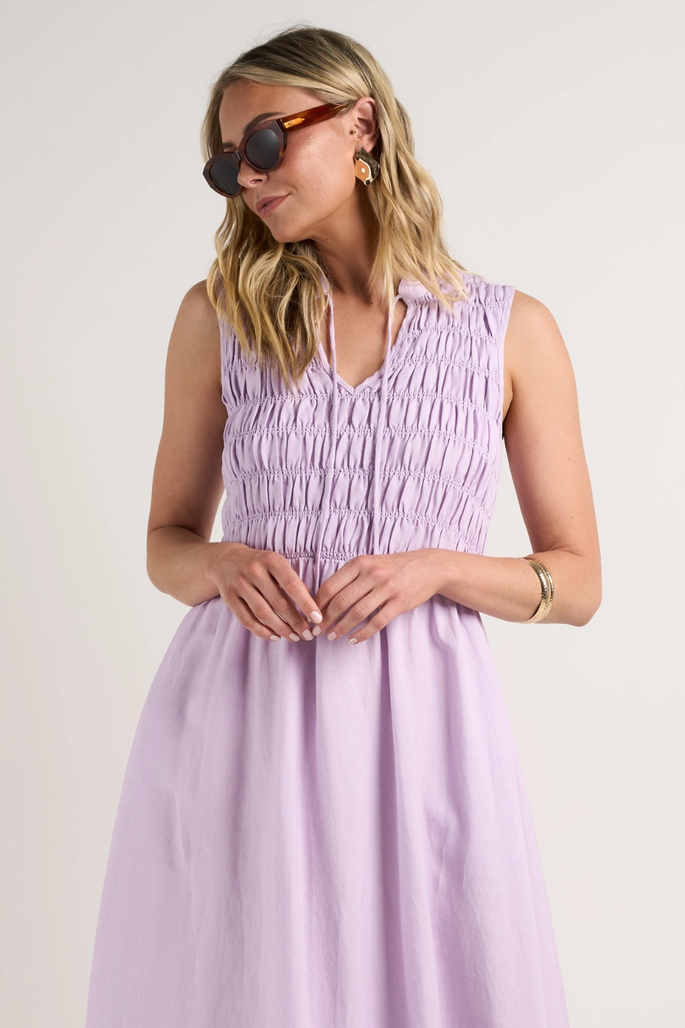 Weekend Ready Explorer Lilac Sleeveless Split Neck Shirred Midi Dress