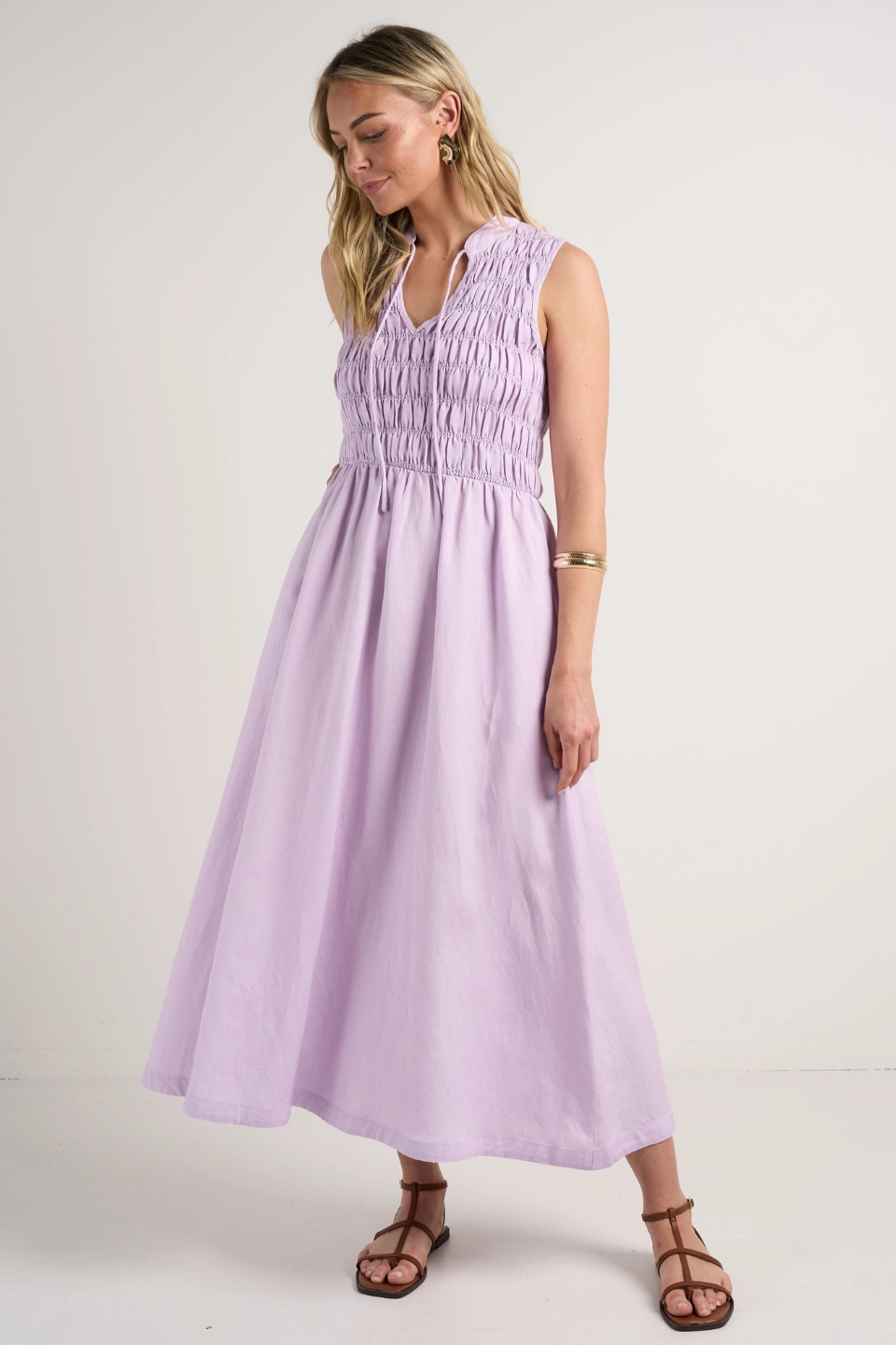 Lined interior Tailored Cut Explorer Lilac Sleeveless Split Neck Shirred Midi Dress