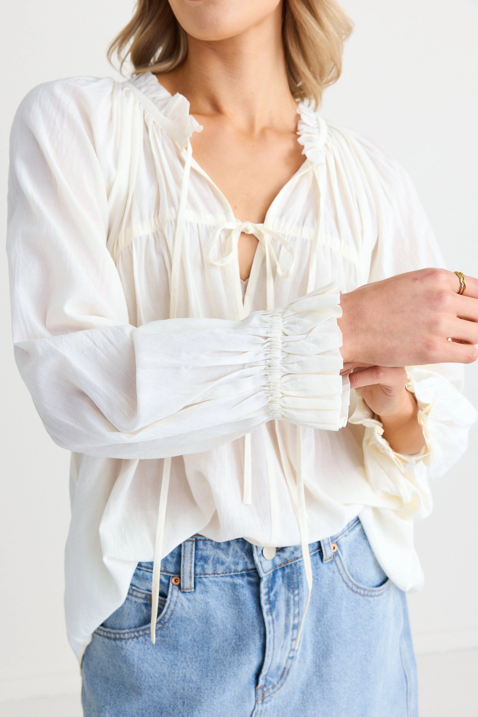 QuickDry Textile Artist Ivory Voile LS Tie Front Relaxed Gathered Top