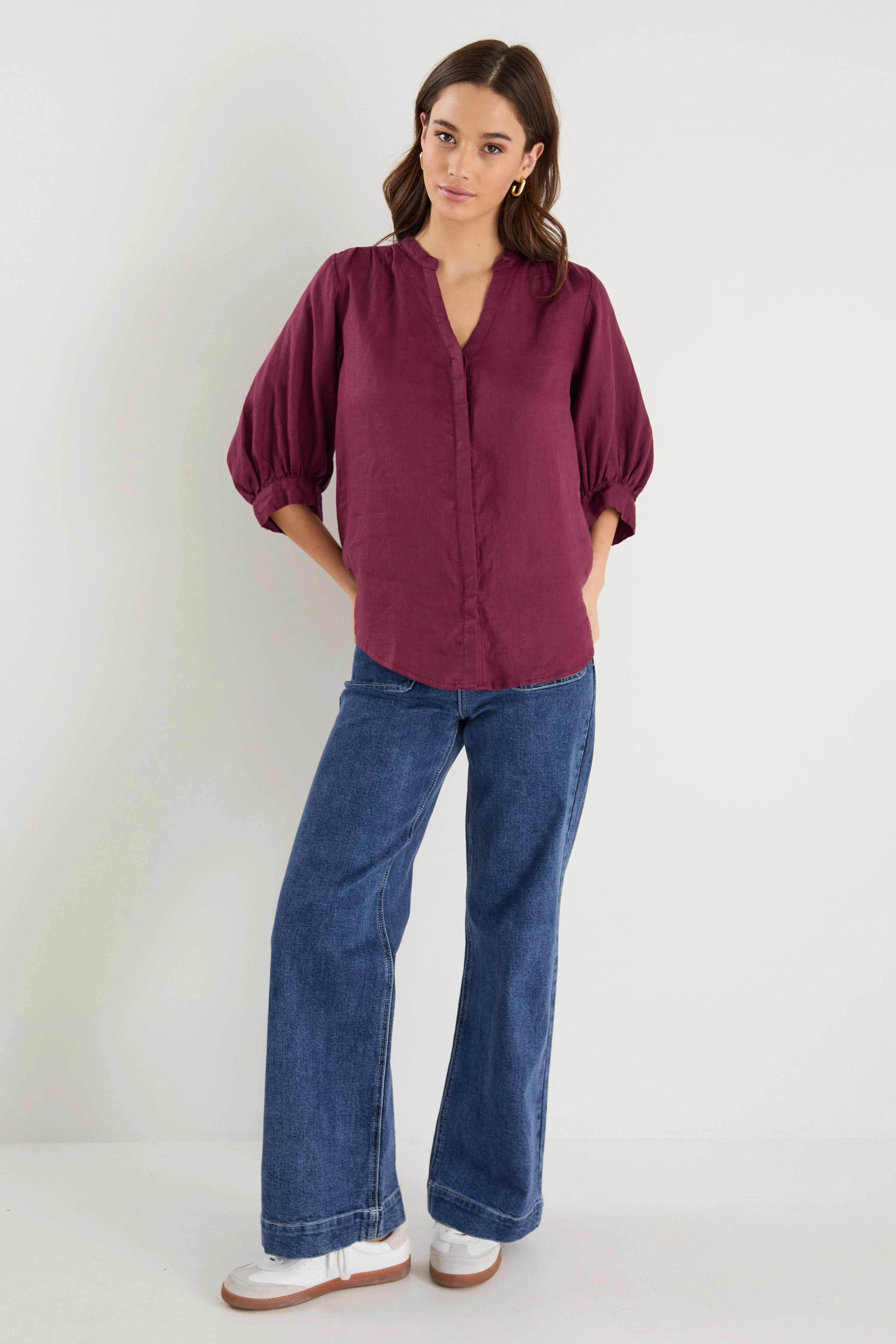Cozy Cardigan NonScratchSurface Deity Burgundy Plum Linen Button Through Puff Sleeve Ss Blouse